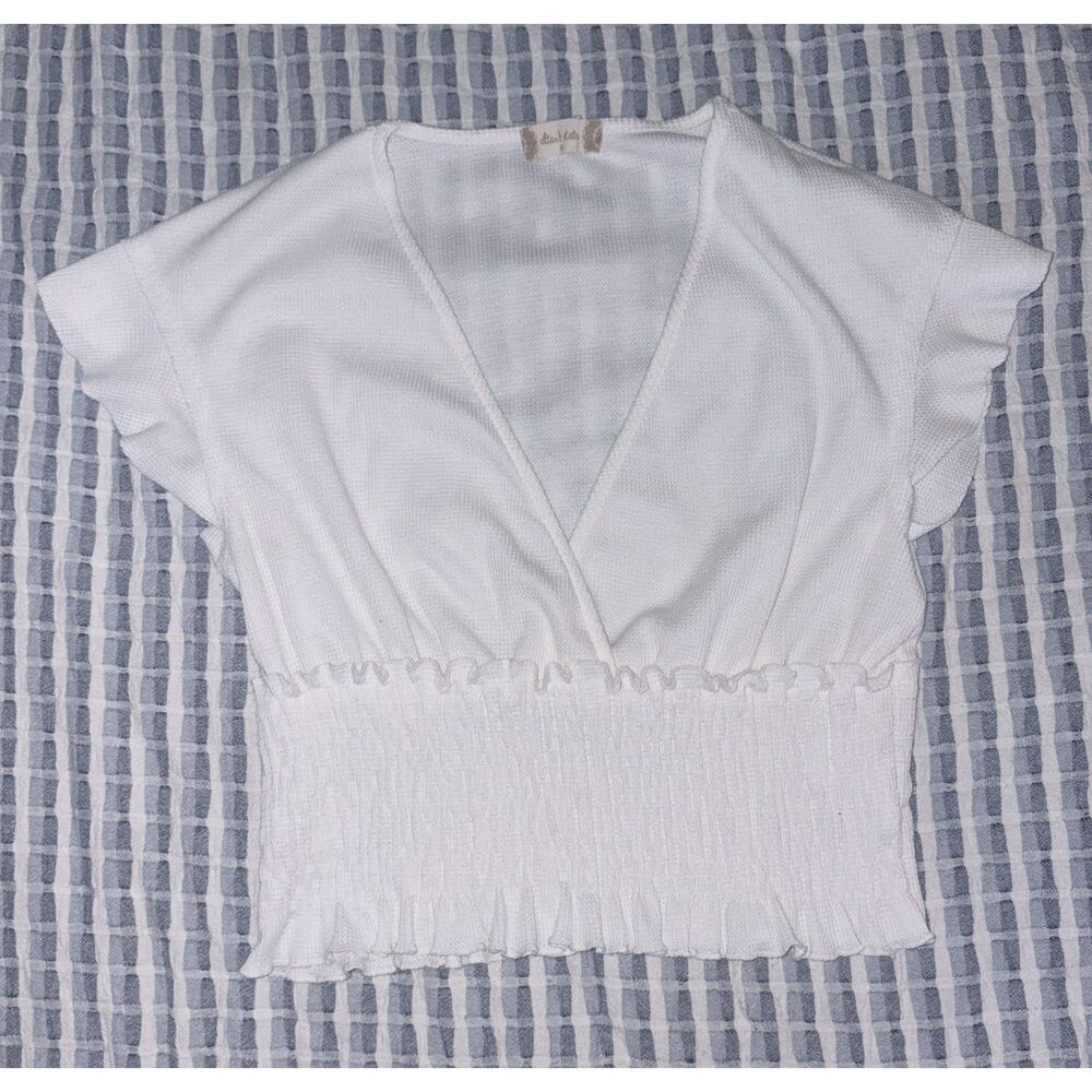 alter'd state white smocked waist ruffle sleeve v-neck top size m